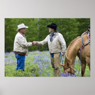 Ranchers shaking hands across the fencing in poster