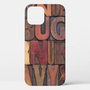 random alphabet letters - vintage letterpress wood iPhone 12 case