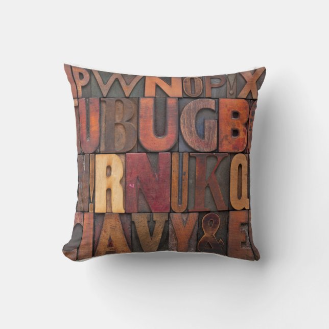 random alphabet letters - vintage letterpress wood cushion (Front)