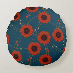 Random Art Nouveau Sunflowers Retro Floral Red Round Cushion
