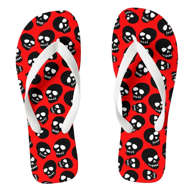 Random Black Skulls on Red Flip Flops (Footbed)
