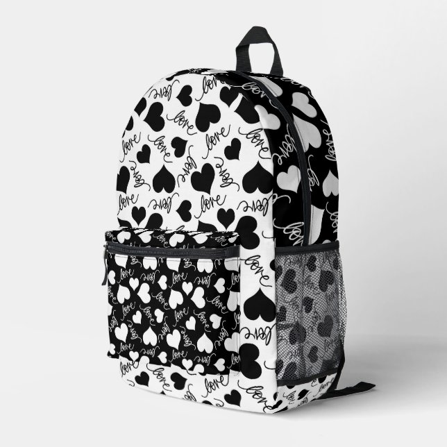 RANDOM BLACK & WHITE HEARTS WITH LOVE SCRIPT PRINTED BACKPACK (Back Corner Right)