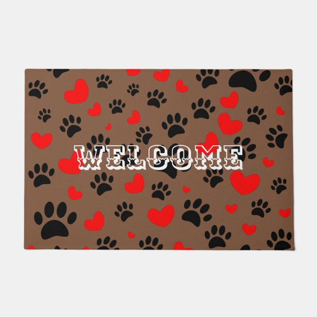 Random Cartoon Dog Paw Prints And Red Hearts Doormat (Front)