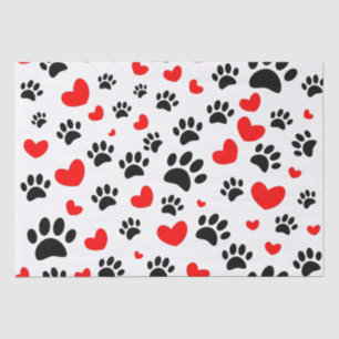 Random Cartoon Dog Paw Prints And Red Hearts Tissue Paper