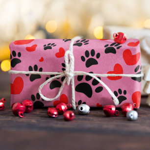 Random Cartoon Dog Paw Prints And Red Hearts Wrapping Paper Sheet