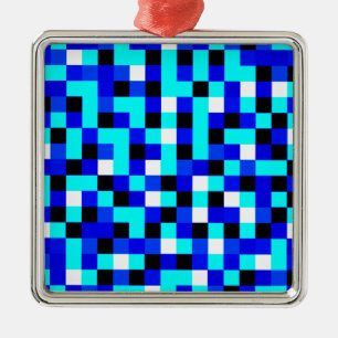 Random Checkered Pixel Art - Blue & White Metal Tree Decoration