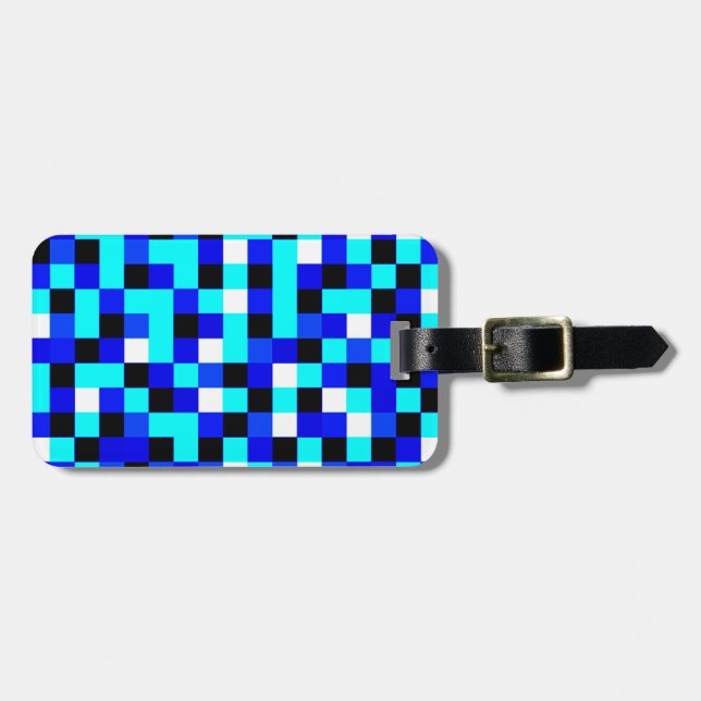 Random Chequered Pixel Art - Blue & White Luggage Tag (Front Horizontal)