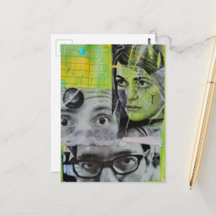 Random Collage of Vintage Faces on Green Postcard