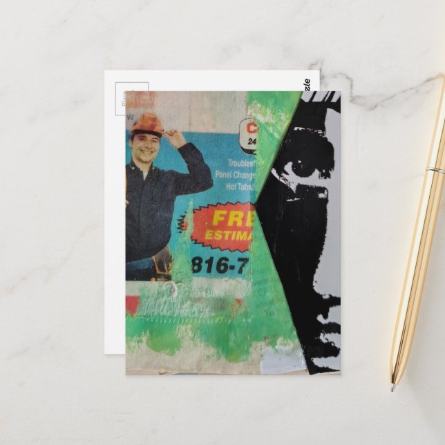 Random Collage Working Man and a Face Postcard (Front/Back In Situ)