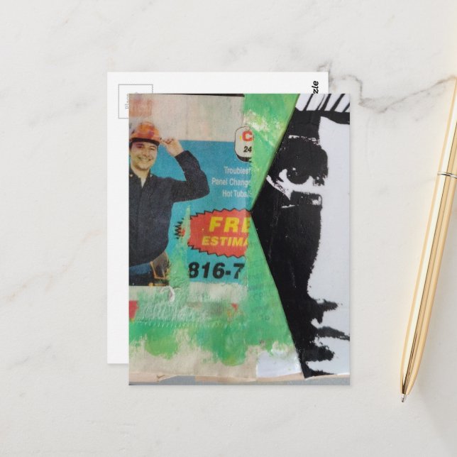 Random Collage Working Man and a Face Postcard (Front/Back In Situ)