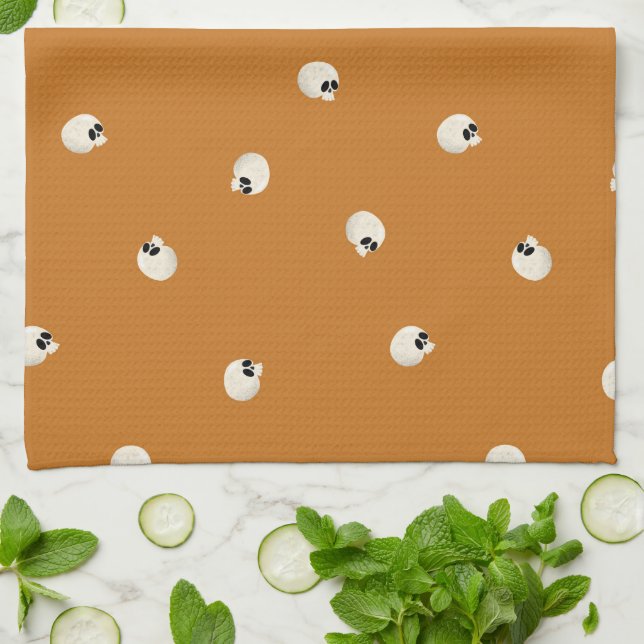 Random Cute Kawaii Skull Dots orange Tea Towel (Folded)