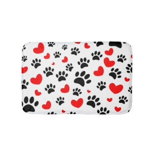 Random Dog Paw Prints And Red Hearts Canine Art Bath Mat