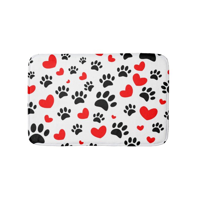 Random Dog Paw Prints And Red Hearts Canine Art Bath Mat (Front)