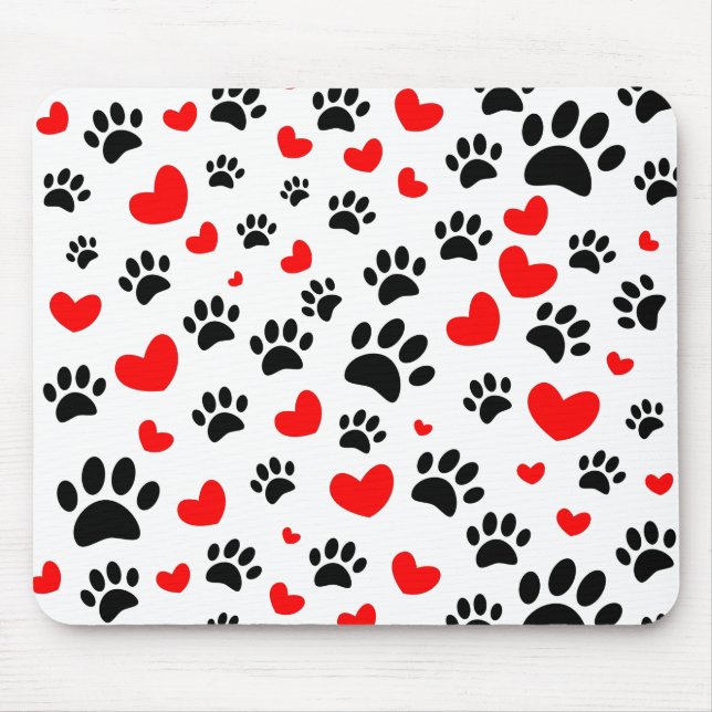 Random Dog Paw Prints And Red Hearts Mouse Mat (Front)