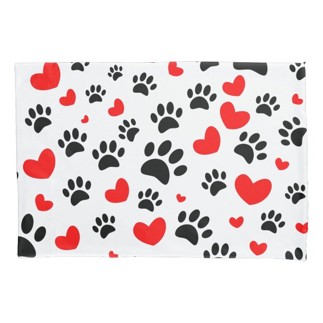 Random Dog Paw Prints And Red Hearts Pillowcase (Front)