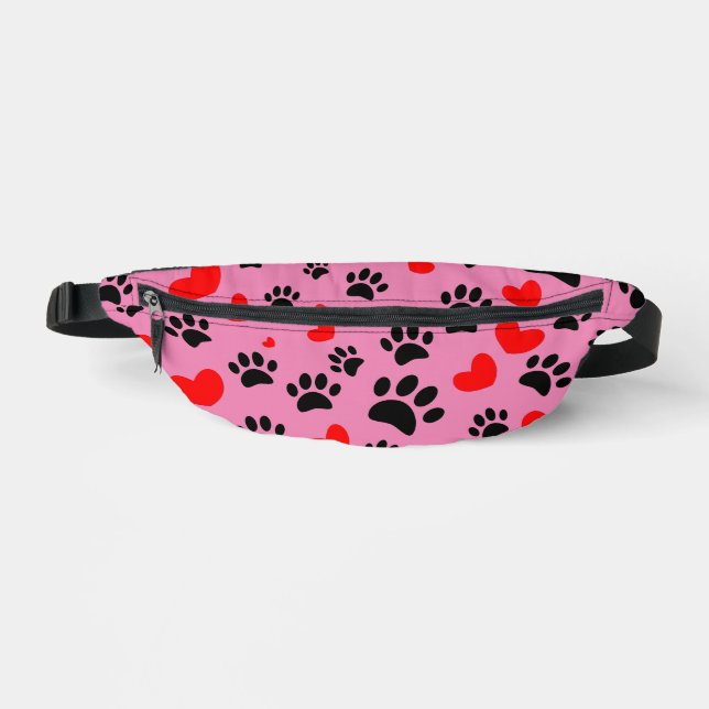 Random Dog Paw Prints And Red Hearts Pink Bum Bags (Front)