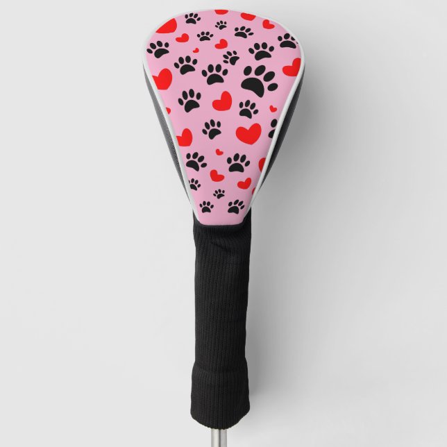 Random Dog Paw Prints And Red Hearts Pink Golf Head Cover (Front)