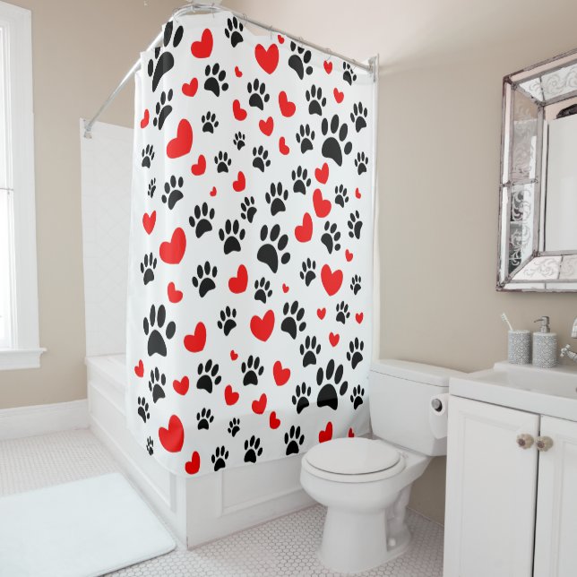 Random Dog Paw Prints And Red Hearts Shower Curtain (In Situ)
