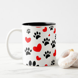 Random Dog Paw Prints And Red Hearts Two-Tone Coffee Mug