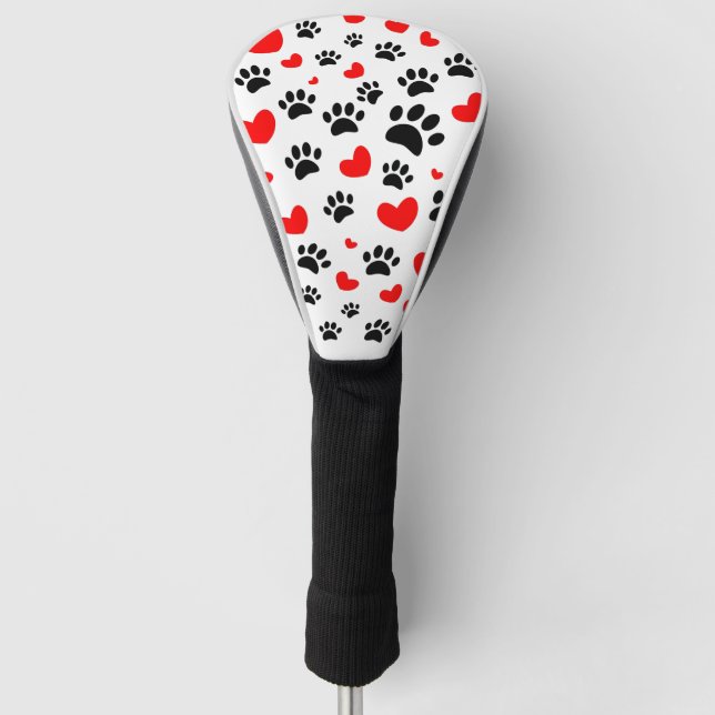Random Dog Paw Prints And Red Hearts White Golf Head Cover (Front)