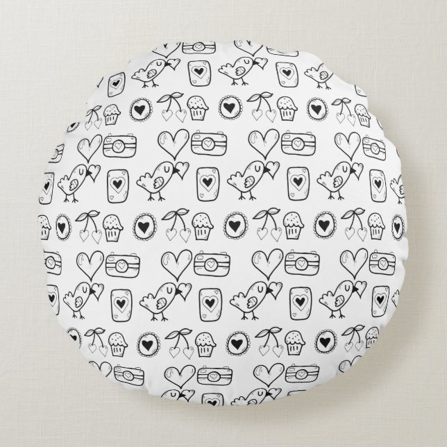 Random Doodles Birds, Hearts and Cherry Pattern Round Cushion (Front)