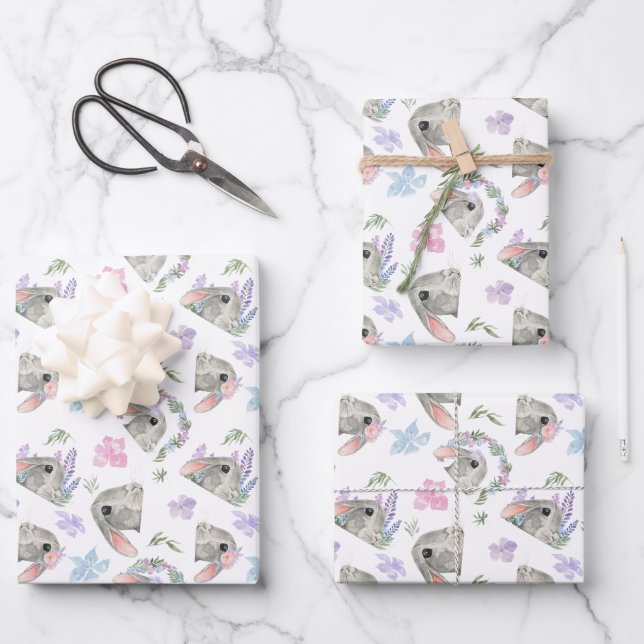 Random Floral Easter Bunny Spring Season Wrapping Paper Sheet (Front)