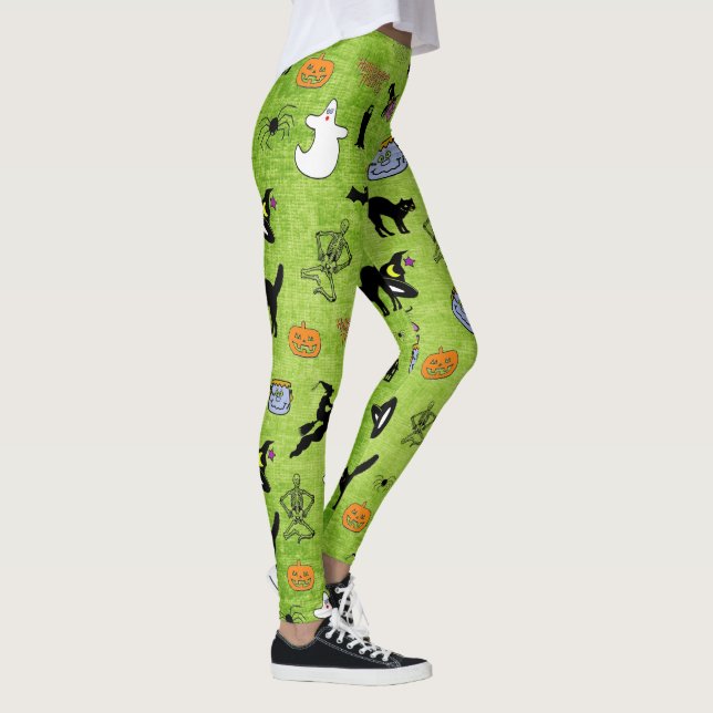 Random Halloween Pattern Green BG Holiday Design Leggings (Right)