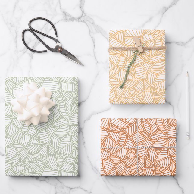 Random Leaf Mosaic Green & Orange Wrapping Paper Sheet (Front)