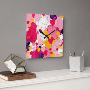 "Random Love Thoughts" - Colourful Abstract Square Wall Clock