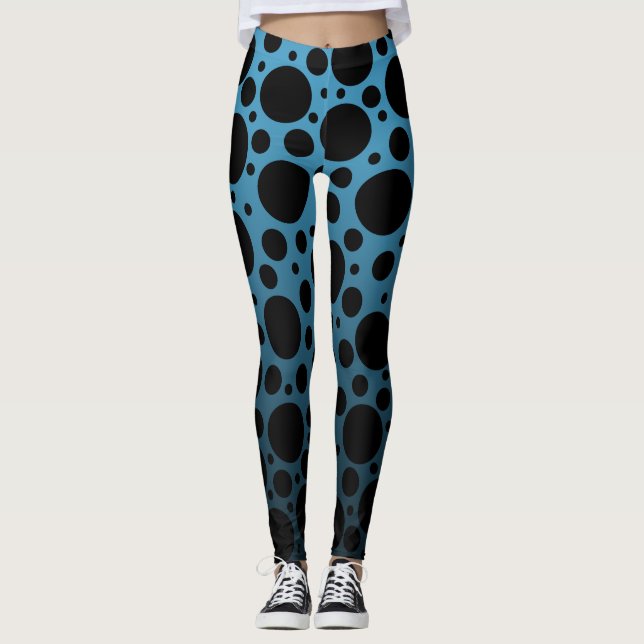 Random Polka Dots - Peacock Blue to Black Gradient Leggings (Front)