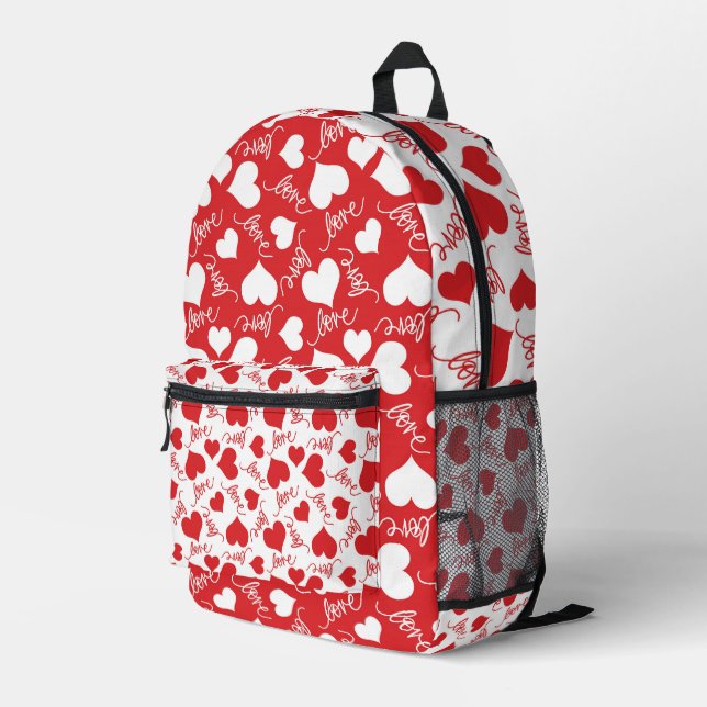 RANDOM RED & WHITE HEARTS WITH LOVE SCRIPT PRINTED BACKPACK (Back Corner Right)