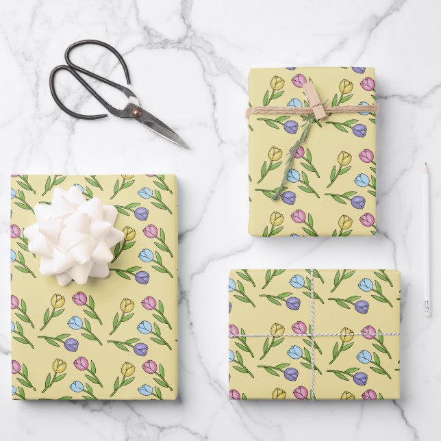 Random Spring Flowers Tulips Easter Wrapping Paper Sheet (Front)
