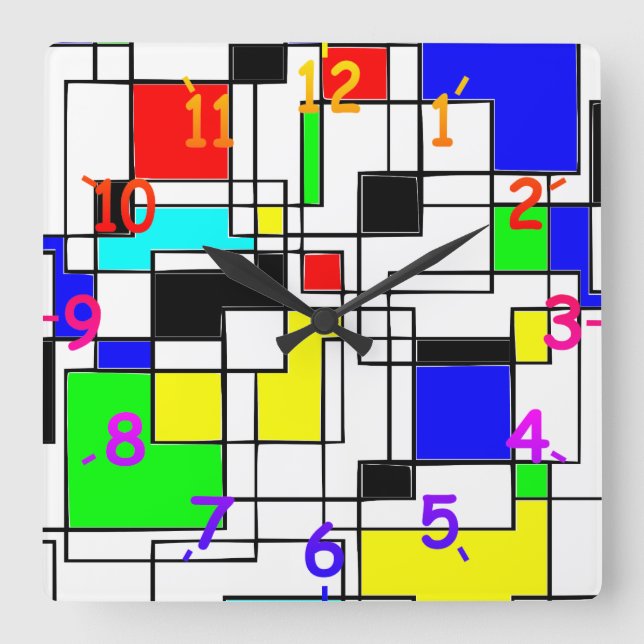 Random Squares Homage To Mondrian Square Wall Clock (Front)