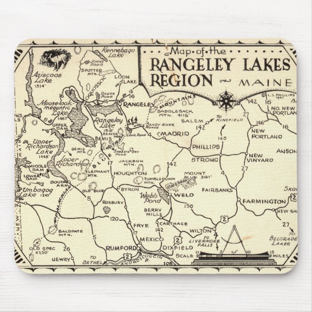 Rangeley Lakes Map Maine Vintage Poster Mouse Mat (Front)