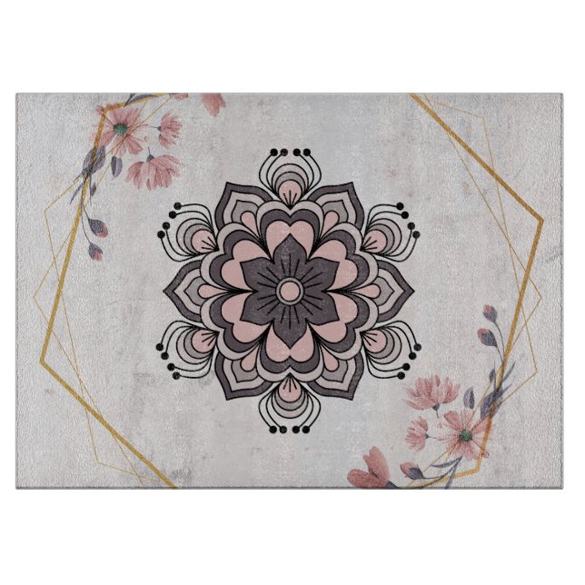 Rangoli Floral Art, Pink and Grey Mandala Design Cutting Board (Front)