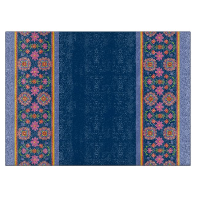 Rangoli Floral Border on Blue: Glass Cutting Board (Front)