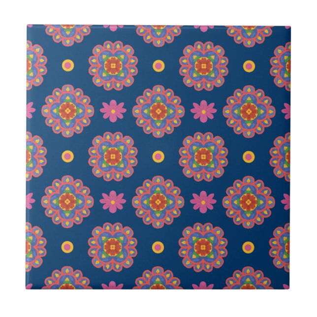 Rangoli, Flowers and Polka Dots, Blue Ceramic Tile (Front)