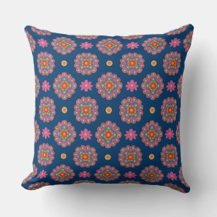 Rangoli, Flowers and Polka Dots on Blue Pillow