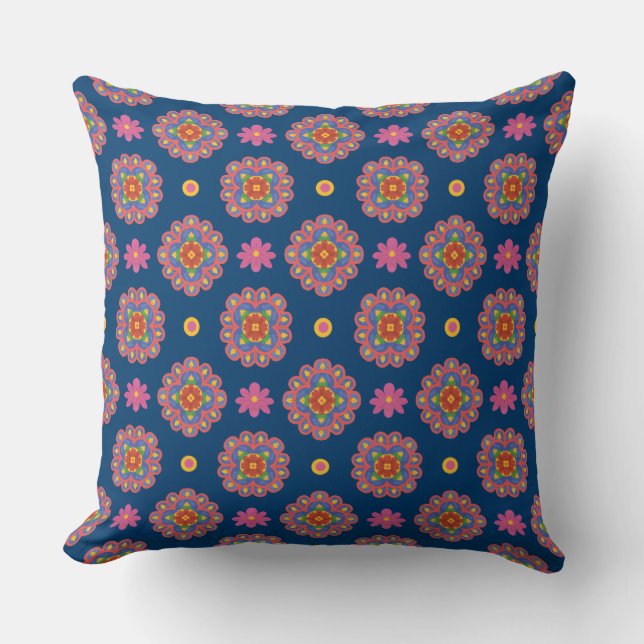 Rangoli, Flowers and Polka Dots on Blue Pillow (Front)