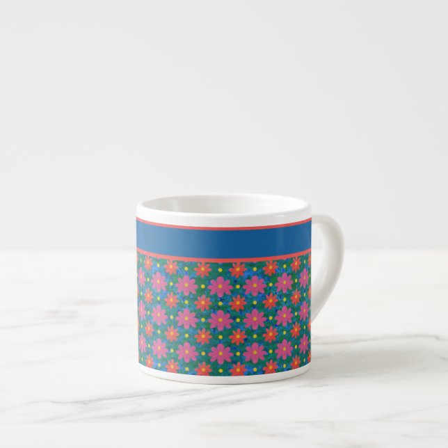 Rangoli Flowers and Polkas on Blue Espresso Mug (Front Right)