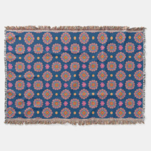 Rangoli Flowers, Polka Dots on Blue Throw Blanket