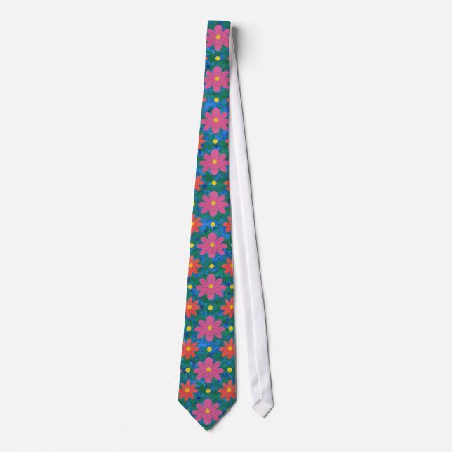 Rangoli Flowers, Polka Dots on Blue Unisex Necktie (Front)