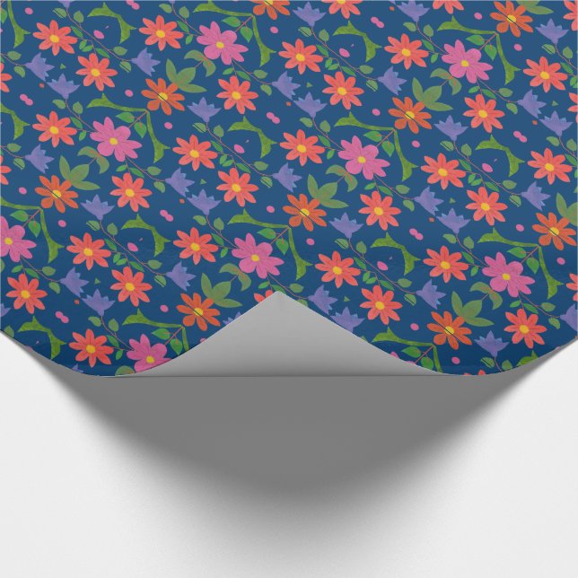 Rangoli Flowers, Polka Dots on Blue Wrapping Paper (Corner)