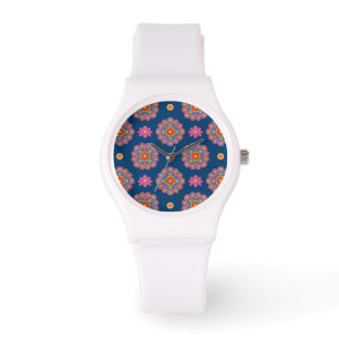 Rangoli, Flowers, Polkas on Blue Sporty Wristwatch
