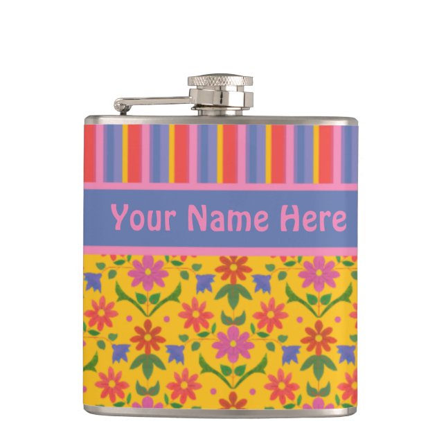 Rangoli Flowers, Stripes Hip Flask to Personalize (Front)