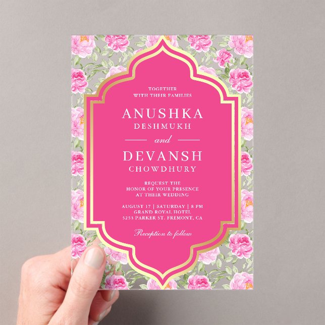 Rani Pink Floral Pattern Indian Wedding Acrylic Invitations (Insitu (Handheld))