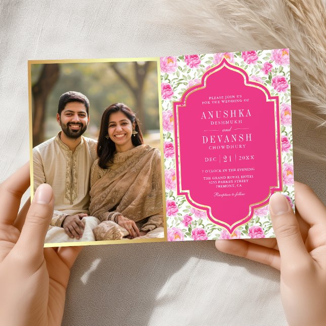 Rani Pink Floral Pattern QR Code Indian Wedding Invitation (Creator Uploaded)