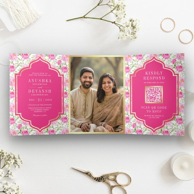 Rani Pink Floral Pattern QR Code Indian Wedding Tri-Fold Invitation (Creator Uploaded)