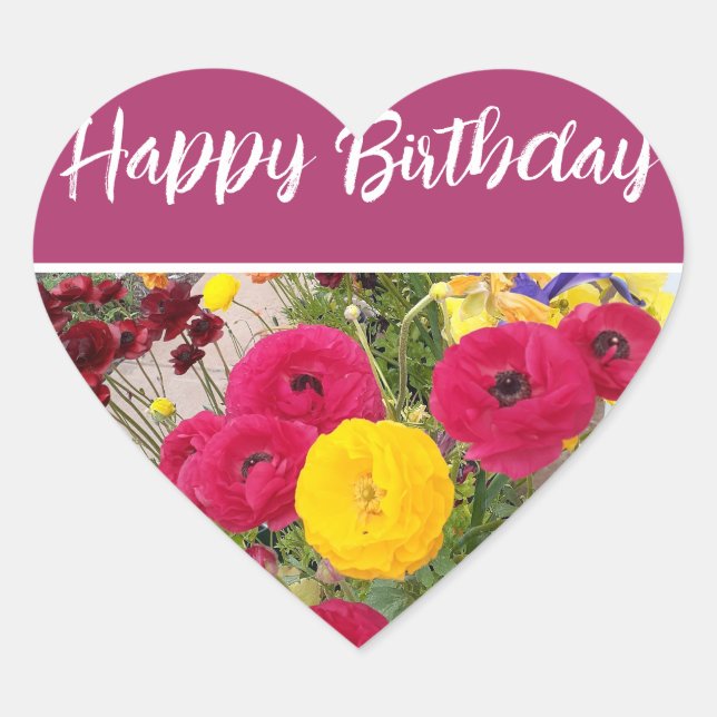 Rannunculus Flower Red floral Happy Birthday Heart Sticker (Front)
