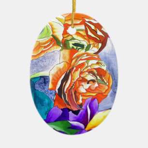 Ranunculus and Iris watercolour art Ceramic Tree Decoration